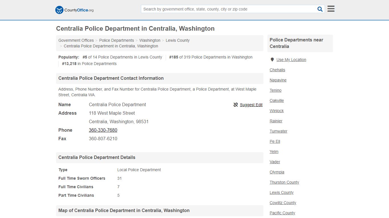 Centralia Police Department - Centralia, WA (Address, Phone, and Fax)