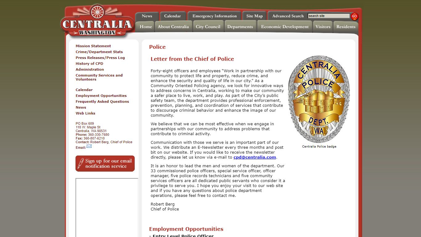 City of Centralia, WA - Police Homepage - Project A Inc.